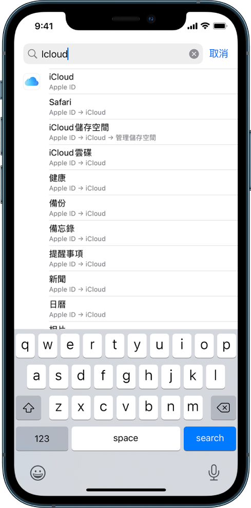 搜尋設定畫面，最上方為搜尋欄位。在搜尋欄位中顯示搜尋字詞「iCloud」，下方列表中顯示找到的結果。