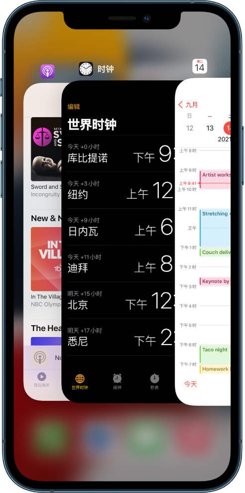 App 切换器。已打开 App 的图标出现在顶部，各个 App 的当前屏幕出现在其图标下方。