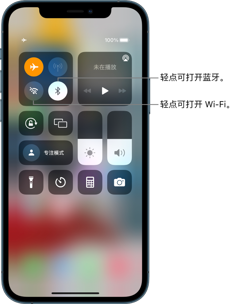 飞行模式已打开的“控制中心”。“控制中心”的左上角附近是用于打开 Wi-Fi 和蓝牙的按钮。