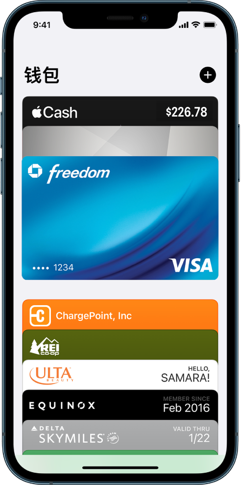 “钱包”屏幕，显示几张付款卡和凭证。