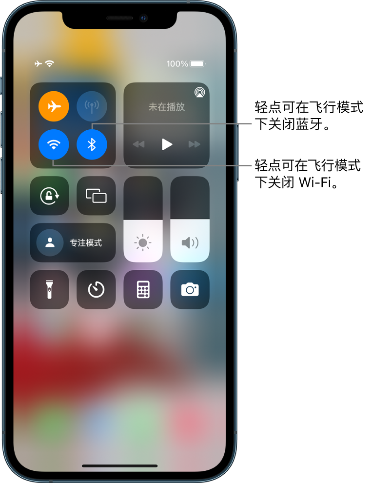 飞行模式已打开的“控制中心”。左上方的控制组中有 Wi-Fi 按钮（左下）和“蓝牙”按钮（右下）。