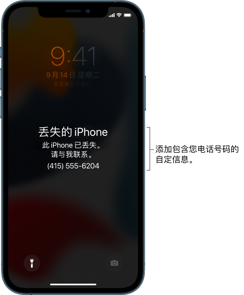 iPhone 锁定屏幕显示了一条信息：“丢失的 iPhone。此 iPhone 已丢失。请与我联系。(415) 555-6204。”您可以添加包含您电话号码的自定信息。