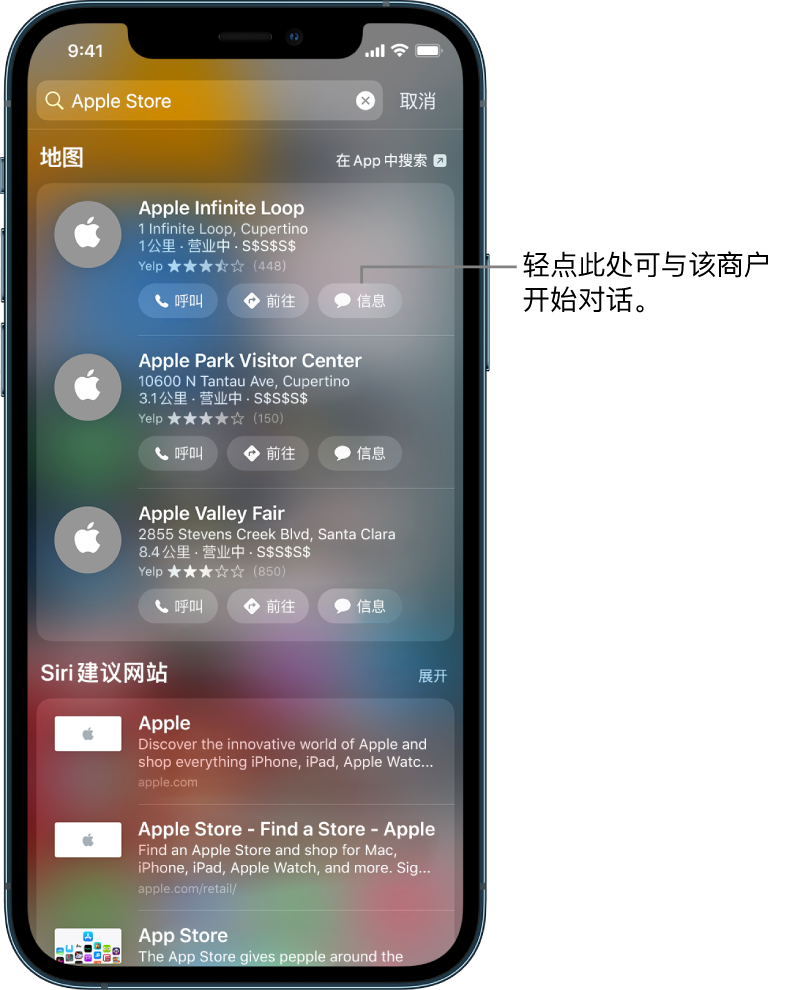 “搜索”屏幕，显示找到的“地图”相关项目。每个结果显示简短描述、评分或地址，每个网站显示一个 URL。前三个结果显示了一个按钮，轻点即可与 Apple Store 开始商务聊天。