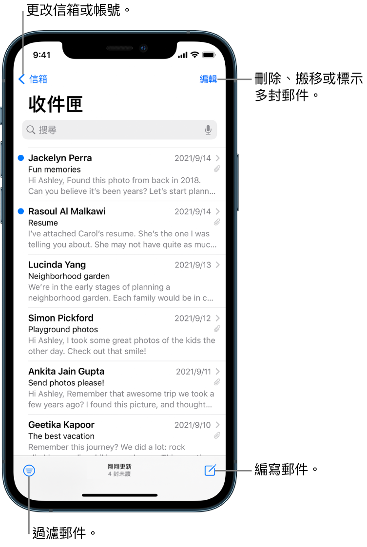 顯示電子郵件列表的「收件匣」。切換至其他信箱的「信箱」按鈕位於左上角。刪除、搬移或標示電子郵件的「編輯」按鈕位於右上角。用於過濾電子郵件以便只顯示特定種類電子郵件的按鈕位於左下角。編寫新電子郵件的按鈕位於右下角。