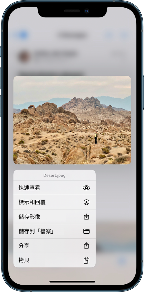 選取一個電子郵件附件，列出可進行的動作。選項包含「快速查看」、「標示」和「標示和回覆」、「儲存影像」、「儲存到檔案」、「分享」和「拷貝」。
