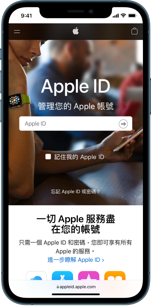 用來登入您的 Apple ID 帳號的 Safari 畫面。
