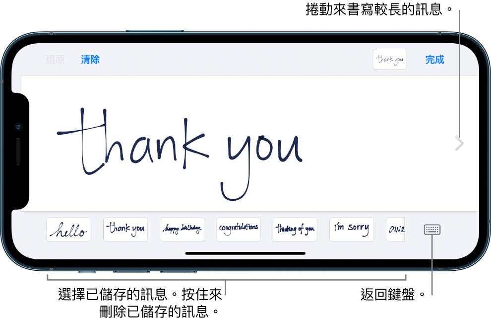 手寫畫面帶有手寫訊息。底部由左至右，為儲存的訊息和「顯示鍵盤」按鈕。