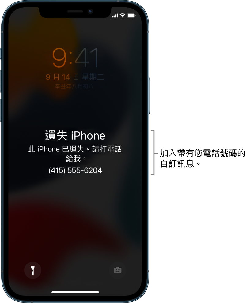 顯示以下訊息的 iPhone 鎖定畫面：「遺失 iPhone。此 iPhone 已遺失。請打電話給我。(415) 555-6204」。您可以加入用您的電話號碼加入自訂訊息。