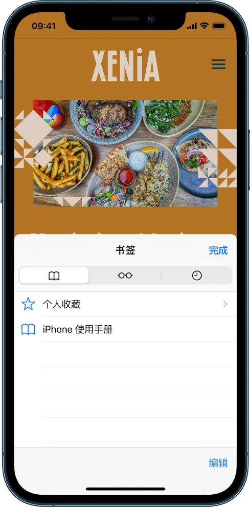 “书签”屏幕,显示书签以及用于查看个人收藏和浏览历史记录的选项。