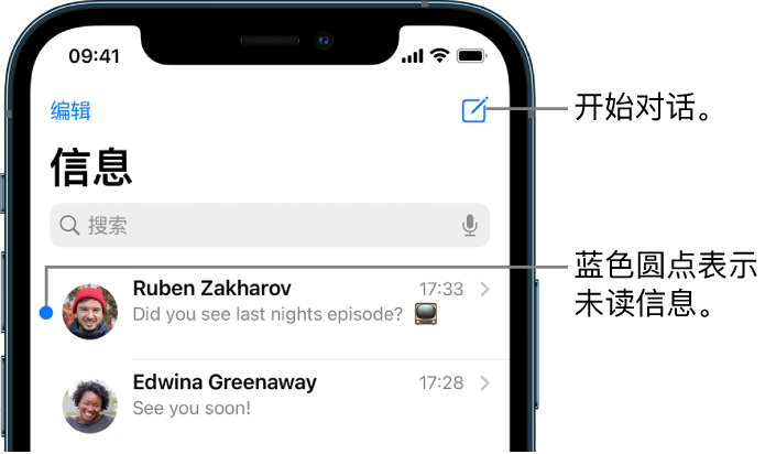 “信息”列表，“编辑”按钮位于左上方，“编写”按钮位于右上方。信息左侧的蓝色圆点表示未读。