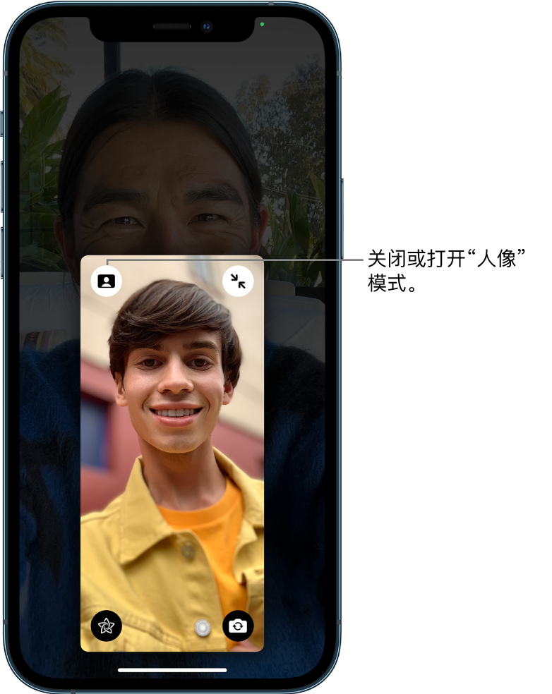 来电者方块放大的 FaceTime 通话，方块左上角显示一个用于开关“人像”模式的按钮。