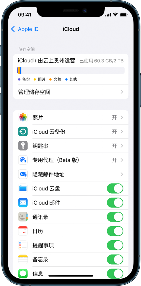 iCloud 设置屏幕，显示 iCloud 储存空间指示器和可配合 iCloud 使用的 App 及功能的列表，包括“邮件”、“通讯录”和“信息”。