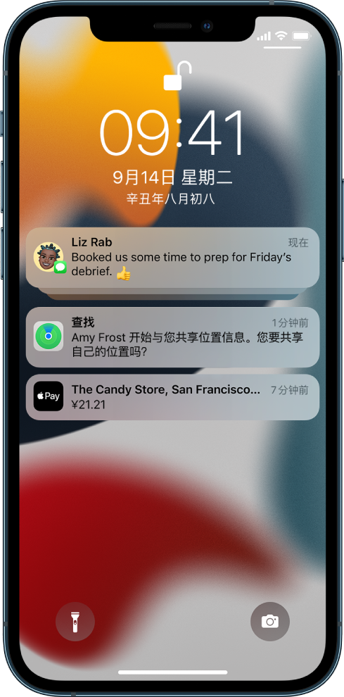 锁定屏幕上的一组通知和两个单独的通知：三个“信息”通知、一个“查找”通知和一个 Apple Pay 通知。