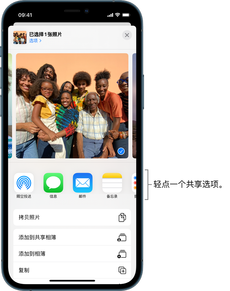 顶部显示一排照片的“共享”屏幕；其中两张照片被选中，以带有白色勾号的蓝色圆圈标示。照片下面一行显示可使用“隔空投送”与之共享的朋友。其下方是其他共享选项，从左到右依次是“信息”、“邮件”、“共享相簿”和“添加到‘备忘录’”。底部一行是“拷贝”、“拷贝 iCloud 链接”、“幻灯片”、“隔空播放”和“添加到相簿”按钮。