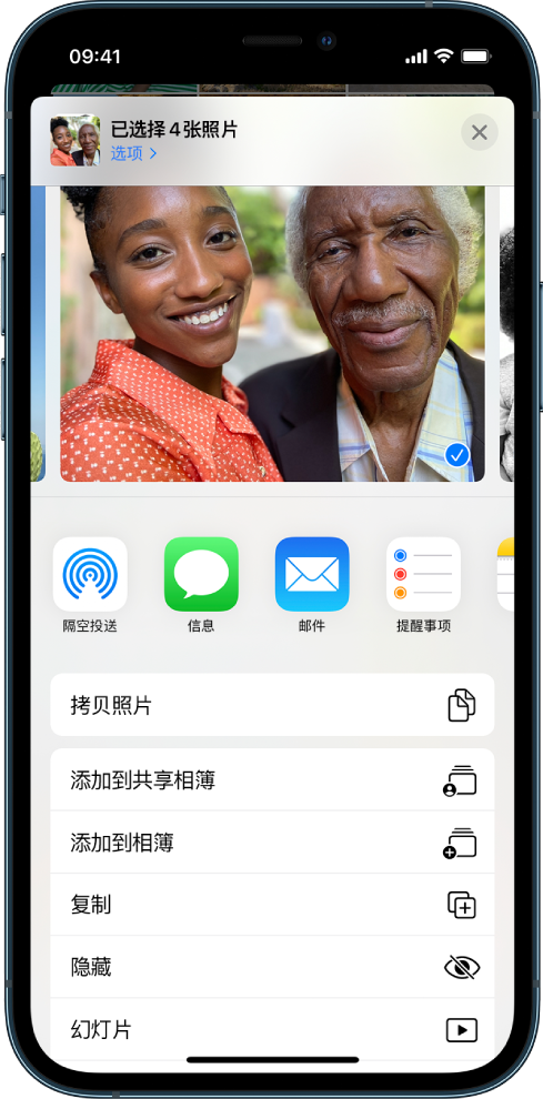 “照片”共享屏幕。所选照片位于屏幕顶部。照片下方是共享选项。共享选项下方是操作列表，从上到下依次为：“拷贝照片”、“添加到共享相簿”、“添加到相簿”、“复制”、“隐藏”和“幻灯片”。