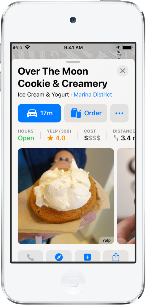بطاقة مكان لمتجر آيس كريم. تتضمن بطاقة المكان أزرارًا للحصول على الاتجاهات وطلب الطعام.