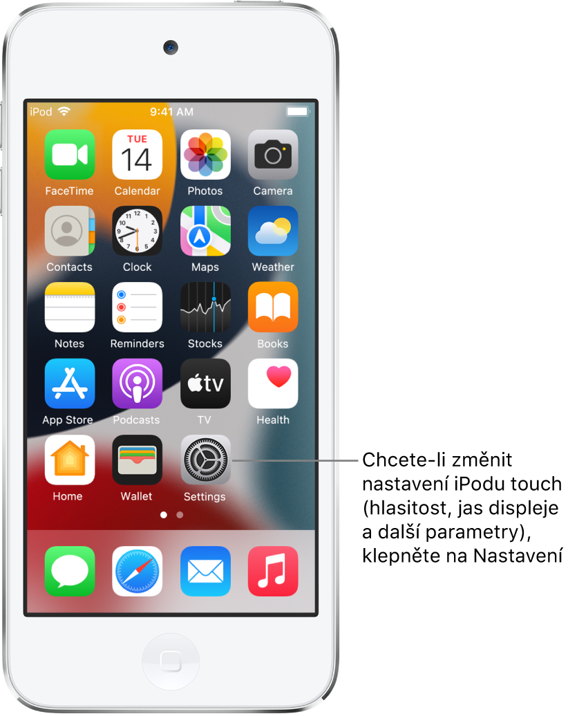 Plocha s ikonami několika aplikací, mimo jiné s ikonou aplikace Nastavení; po klepnutí na tuto ikonu můžete změnit hlasitost zvuku iPodu touch, jas displeje a další parametry