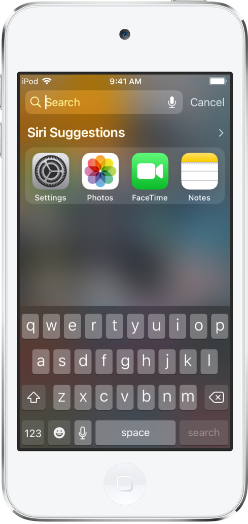 Obrazovka hledání na iPodu touch s vyhledávacím polem a klávesnicí, připravená k zadání hledaného textu