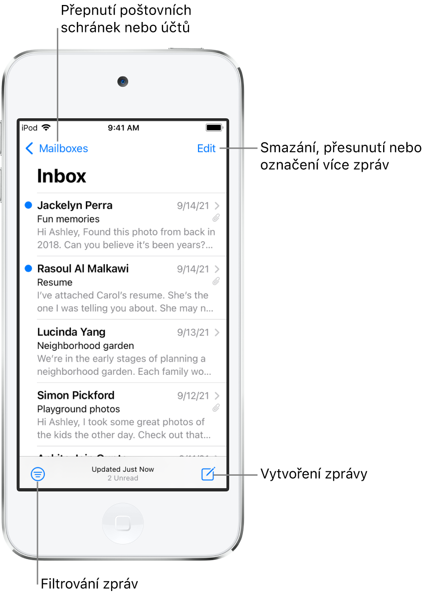 Schránka došlé pošty se seznamem e‑mailů. V levém horním rohu se nachází tlačítko Schránky pro přepnutí do jiné schránky, v pravém horním rohu tlačítko Upravit pro smazání, přesunutí nebo označení e‑mailů, v levém dolním rohu tlačítko pro filtrování e‑mailů, kterým lze zobrazit jen e‑maily s určitými vlastnostmi, a v pravém dolním rohu tlačítko pro vytvoření nové zprávy.