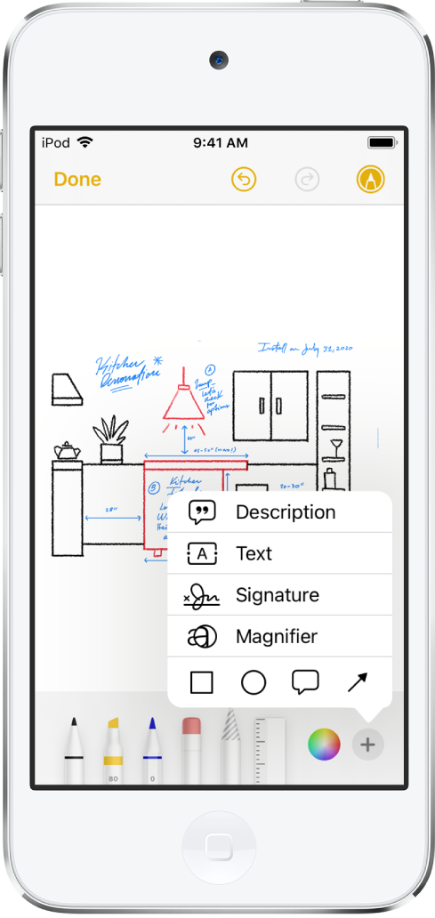 Nákres rekonstrukce kuchyně s anotačními nástroji v dolní části obrazovky. V pravém dolním rohu je vidět nabídka s volbami pro přidání popisu, textu, podpisu, lupy a tvarů.