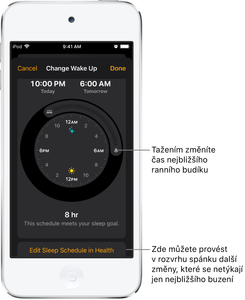 Obrazovka pro změnu zítřejšího ranního budíku s tlačítky, jejichž přetažením lze změnit časy večerky a buzení, a tlačítkem pro změnu rozvrhu spánku v aplikaci Zdraví