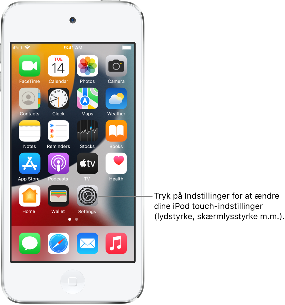 Hjemmeskærmen med adskillige symboler, herunder symbolet for appen Indstillinger, som du kan trykke på for at ændre lydstyrken, skærmens lysstyrke m.m. på iPod touch.
