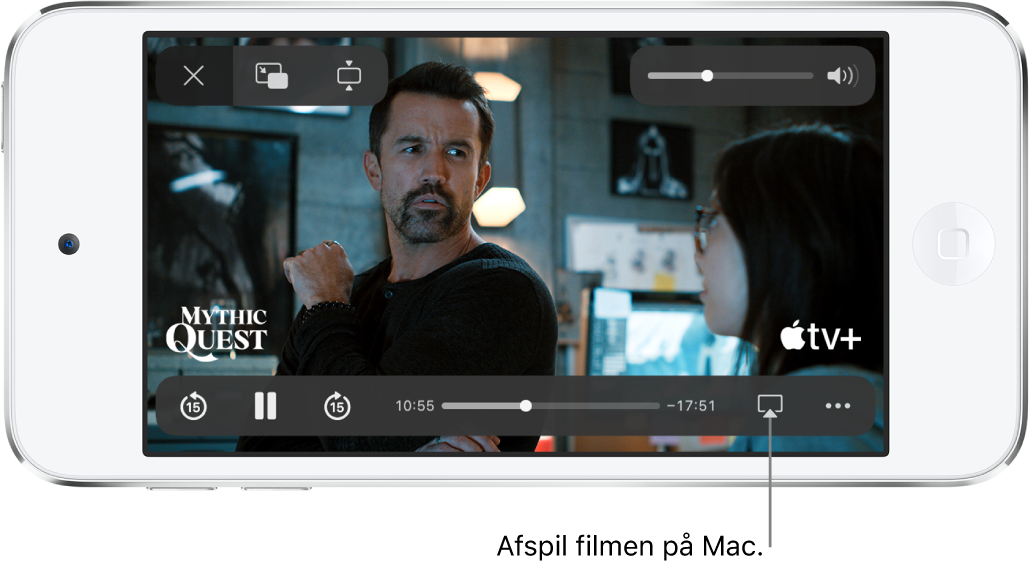 En film, der afspilles på skærmen på iPod touch. Nederst på skærmen findes betjeningspanelet til afspilning, herunder knappen AirPlay nederst til højre.