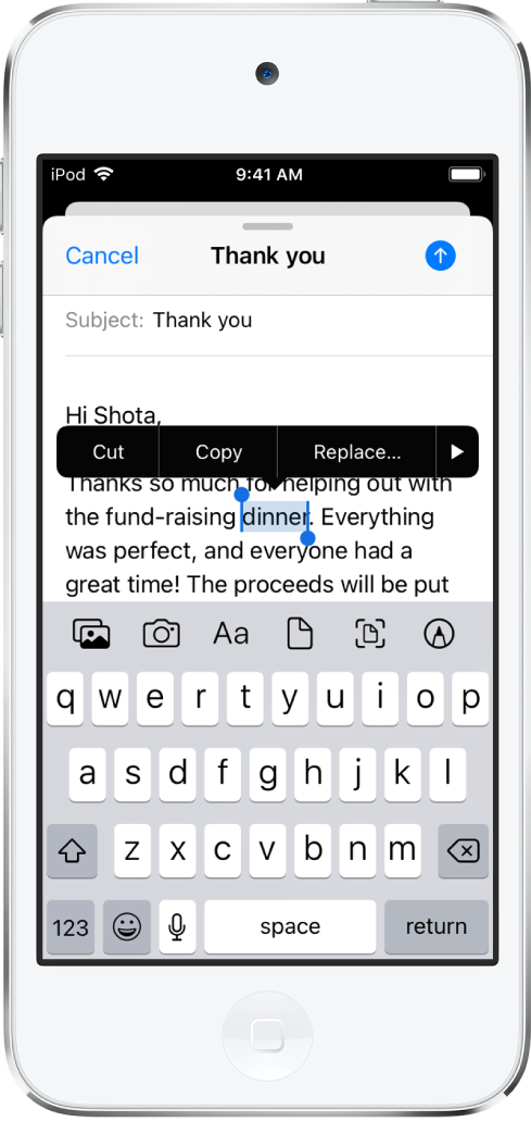 Et eksempel på en e-mailbesked, hvor noget af teksten er valgt. Over det valgte ses knapperne Klip, Kopier og Erstat. Den valgte tekst er fremhævet med håndtag i hver ende.