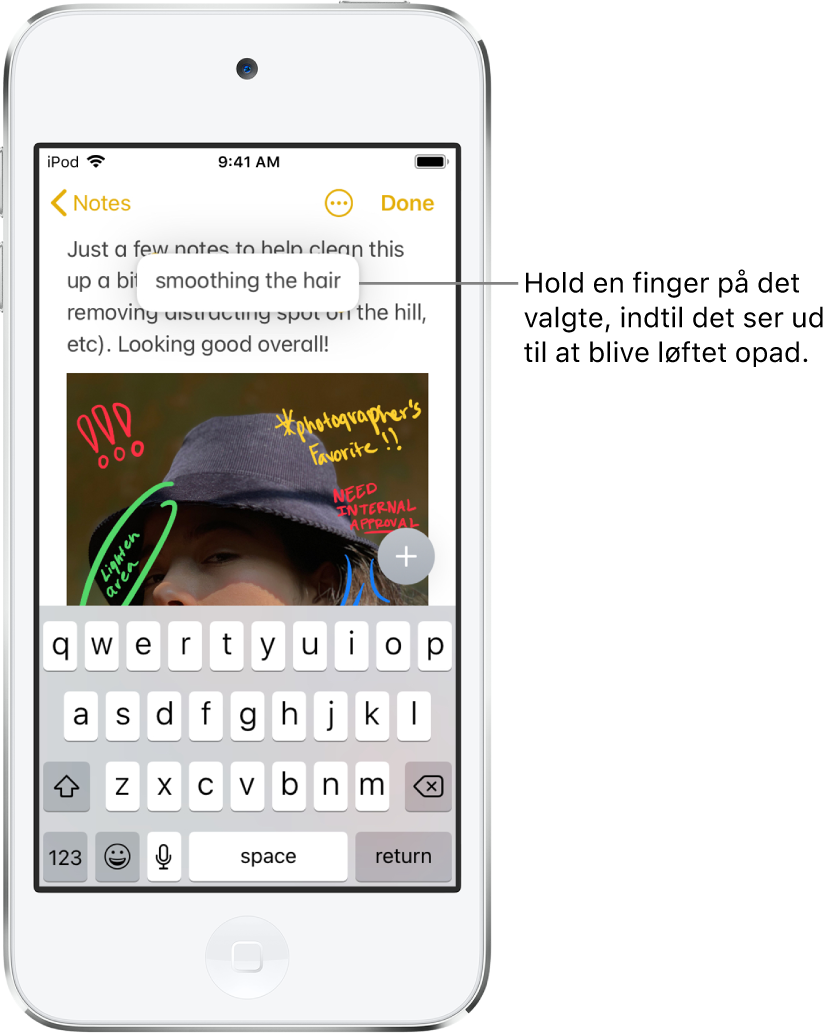 En note i appen Noter, hvor et valgt udtryk ser ud til at blive løftet opad, fordi en bruger holder fingeren på det valgte.