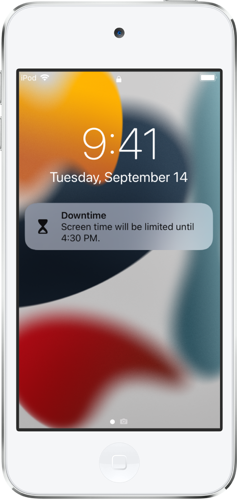 Den låste skærm på iPod touch viser en notifikation om Skærmfri tid, hvor der står, at Skærmtid er begrænset indtil kl. 16.30.