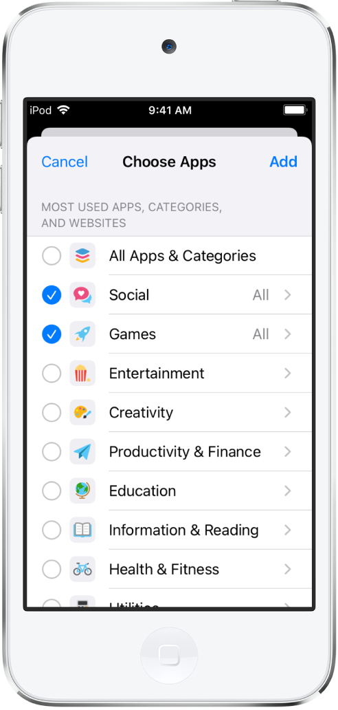 Skærmen Vælg apps i Skærmtid med en liste over appkategorier. Kategorierne fra øverst til nederst er: Alle apps og kategorier, Socialt, Spil, Underholdning, Kreativitet, Produktivitet og økonomi, Uddannelse, Information og læsning og Sundhed og velvære. Du kan trykke på en pil til højre for hver kategori for at vælge den og indstille en tidsgrænse. Hak til venstre for en kategori indikerer, at der er indstillet en grænse for denne kategori.
