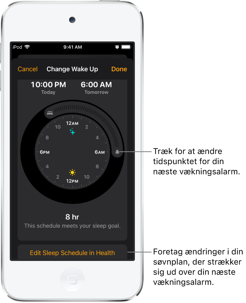 En skærm, der bruges til at ændre vækningsalarmen i morgen, med knapper, der kan trækkes for at ændre sengetiden og tidspunktet for vækning, og en knap til at ændre søvnplanen i appen Sundhed.