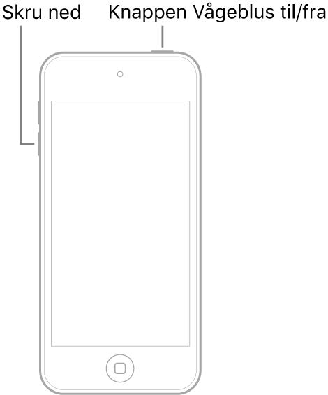En illustration af iPod touch med skærmen opad. Knappen Vågeblus til/fra vises øverst på enheden, og knappen Lydstyrke ned vises på venstre side af enheden.