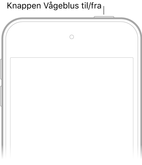 Forsiden af iPod touch med knappen Vågeblus til/fra på kanten øverst til højre.
