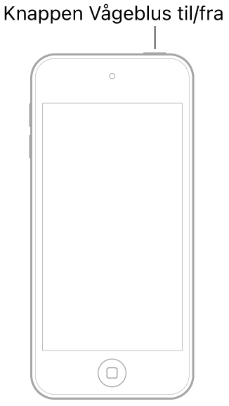 En illustration af iPod touch med skærmen opad. Knappen Vågeblus til/fra vises øverst på iPod touch.