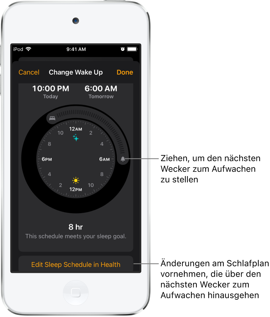 Ein Bildschirm zum Ändern des Weckers zum Aufwachen für morgen. Durch Ziehen kann mit jeweiligen Symbolen die Schlafenszeit und die Aufwachzeit verändert werden. Außerdem ist eine Taste zum Ändern des Schlafplans in der App „Health“ zu sehen.