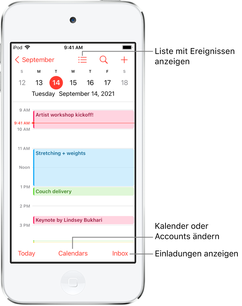 Ein Kalender in der Tagesansicht mit den Ereignissen des Tags. Mit der Taste „Kalender“ unten auf dem Bildschirm kannst du Kalenderaccounts ändern. Mit der Taste „Eingang“ unten rechts kannst du Einladungen anzeigen.