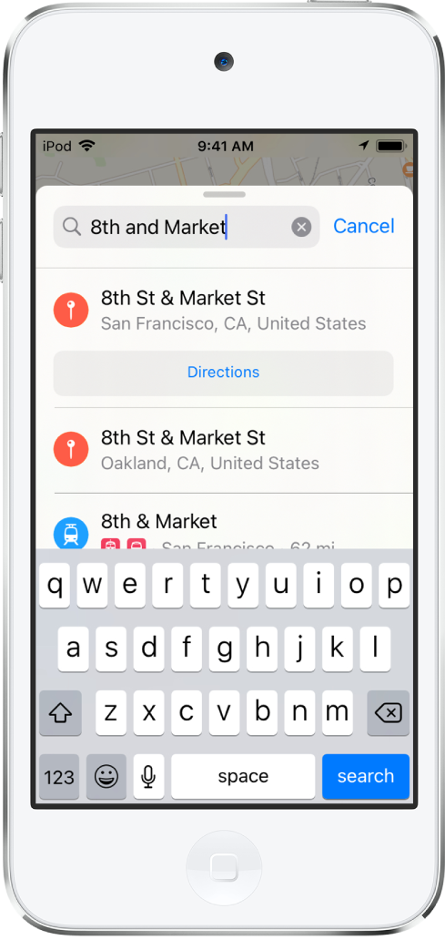 Die Suchkarte mit dem eingegebenen Suchbegriff „8th and Market“ und mehreren Ergebnissen.