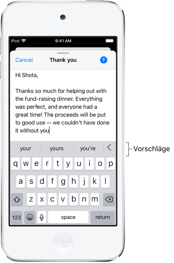 Der Entwurf einer E-Mail-Nachricht mit Vorschlägen zur Vervollständigung des aktuell eingetippten Worts.