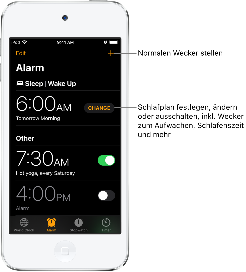 Der Tab „Wecker“ mit drei Weckern für unterschiedliche Uhrzeiten, oben rechts befindet sich die Taste zum Stellen eines regulären Weckers. Außerdem ist ein Wecker zum Aufwachen zu sehen mit einer Taste zum Ändern des Schlafplans in der App „Health“.