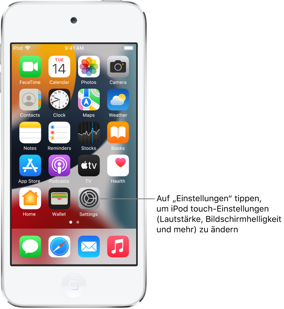 Der Home-Bildschirm mit mehreren App-Symbolen, unter anderem mit dem Symbol der App „Einstellungen“, in der du Einstellungen wie die Lautstärke und die Bildschirmhelligkeit für den iPod touch ändern kannst.