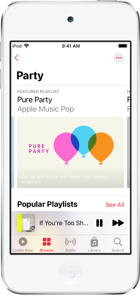 Der Bildschirm „Entdecken“ in Apple Music mit Party-Playlists.