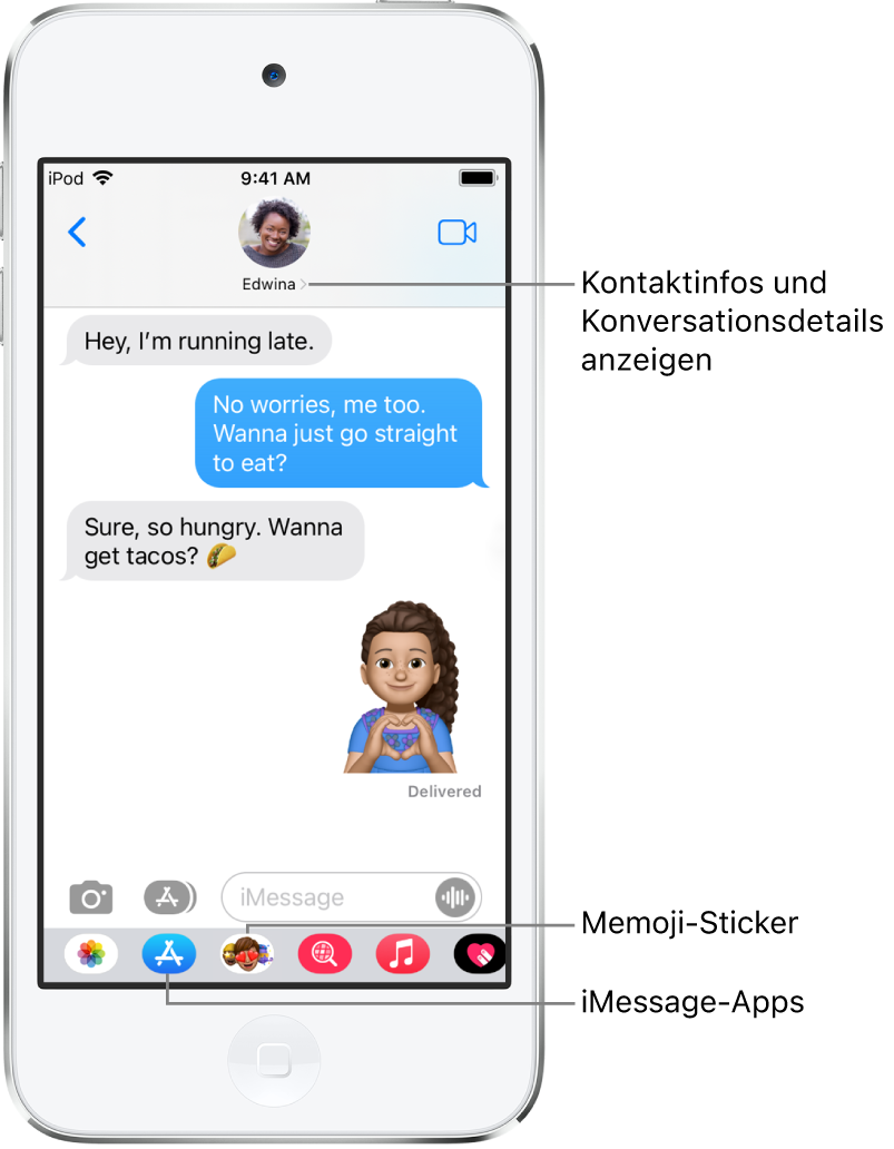 Eine Konversation in der App „Nachrichten“. Oben befinden sich von links nach rechts die Taste Zurück“ und der Name der Person, mit der du Textnachrichten austauschst. In der Mitte befinden sich die gesendeten oder während einer Konversation empfangenen Nachrichten. Am unteren Rand sind von links nach rechts die Tasten der Apps „Fotos“, „Stores“, „Hashtag-Bilder“, „Musik“, „Digital Touch“ und „iMessage“ zu sehen.