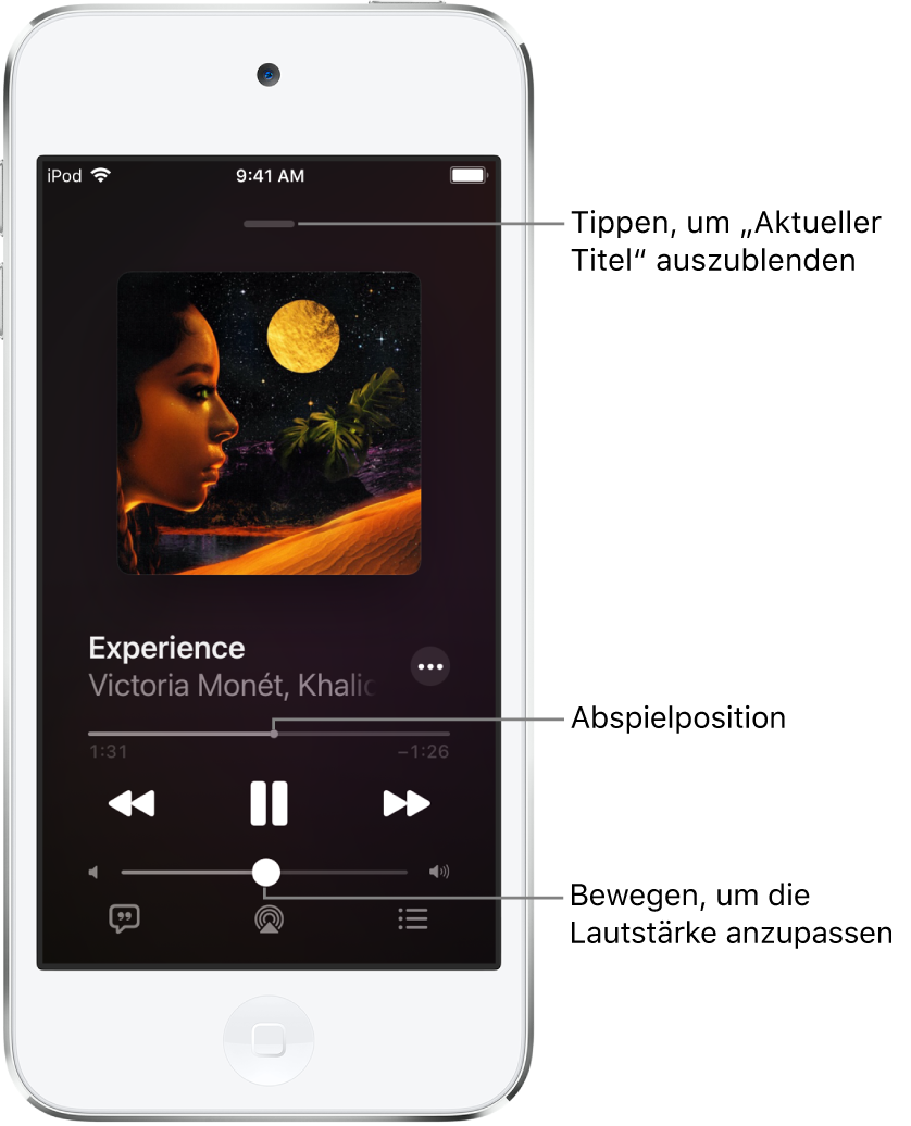 Bildschirm „Jetzt läuft“ mit dem Cover eines Albums. Darunter befinden sich die Namen der Musiktitel, des:der Künstler:in, die Taste „Mehr“, die Abspielposition, die Steuerelemente für die Wiedergabe, der Lautstärkeregler, die Taste „Liedtext“, die Taste „Wiedergabeziel“ und die Taste „Warteliste“. Die Taste zum Ausblenden des Bildschirms „Jetzt läuft“ ist ganz oben.