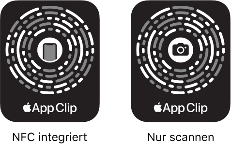 Links ist ein NFC-integrierter App Clip-Code mit einem iPhone-Symbol in der Mitte zu sehen. Rechts ist ein scanbarer App Clip-Code mit einem Kamerasymbol in der Mitte zu sehen.