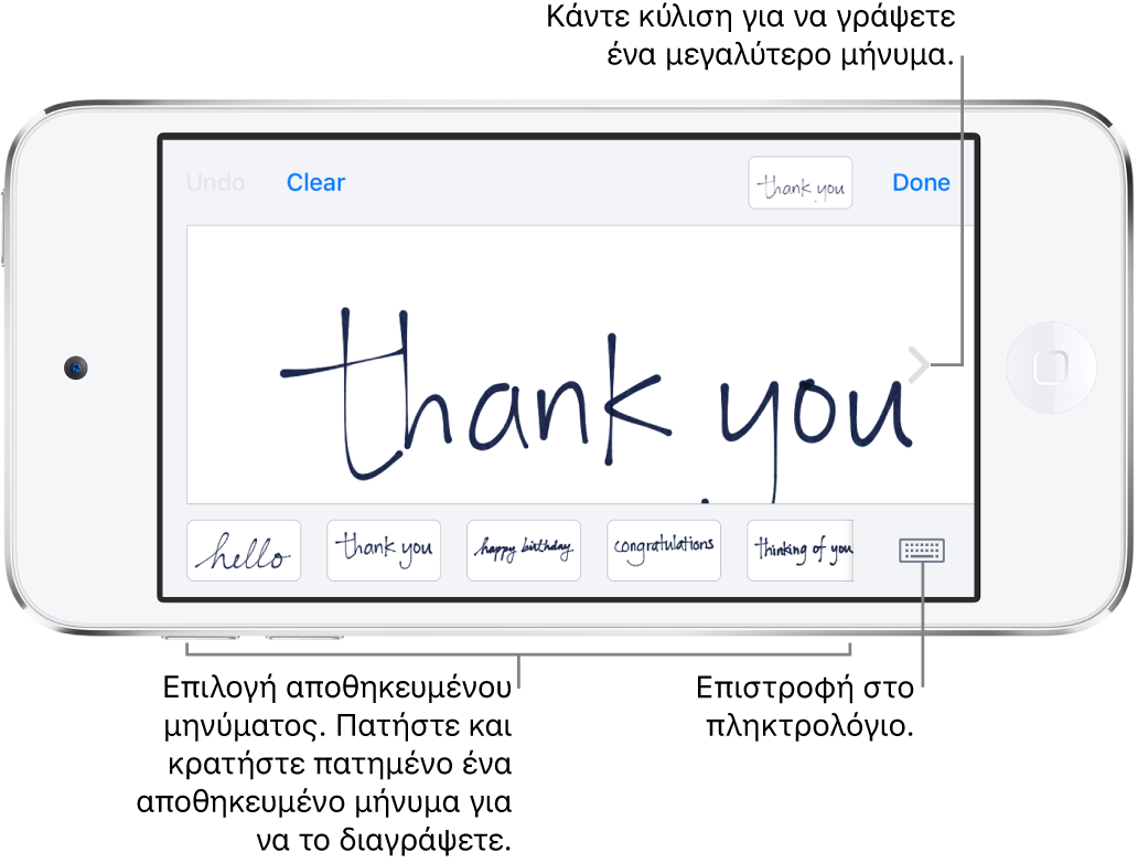 Η οθόνη χειρόγραφης σύνταξης με ένα χειρόγραφο μήνυμα. Κατά μήκος του κάτω μέρους, από αριστερά προς τα δεξιά, βρίσκονται αποθηκευμένα μηνύματα και το κουμπί «Εμφάνιση πληκτρολογίου».