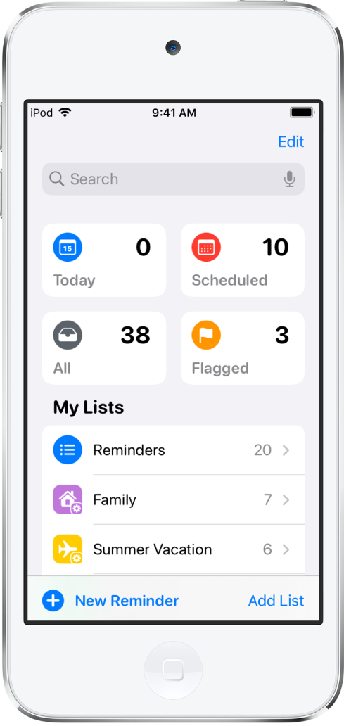 Μια οθόνη που εμφανίζει πολλές λίστες στις Υπομνήσεις. Το πεδίο αναζήτησης εμφανίζεται στο πάνω μέρος πάνω από τις έξυπνες λίστες για υπομνήσεις με σημερινή προθεσμία, προγραμματισμένες υπομνήσεις, όλες οι υπομνήσεις, και υπομνήσεις με σημαία. Το κουμπί Προσθήκης λίστας βρίσκεται κάτω δεξιά.