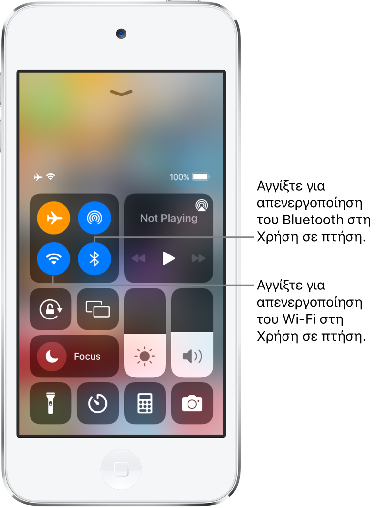 Κέντρο ελέγχου με ενεργοποιημένη τη Χρήση σε πτήση. Στην πάνω αριστερή ομάδα χειριστηρίων βρίσκονται το κουμπί Wi-Fi (κάτω αριστερά) και το κουμπί Bluetooth (κάτω δεξιά).