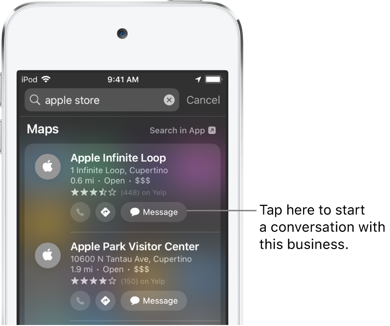 The Search screen showing found items for Maps. Each result shows a brief description, rating, or address, and each website shows a URL. The second result shows a button to tap to start a business chat with the Apple Store.