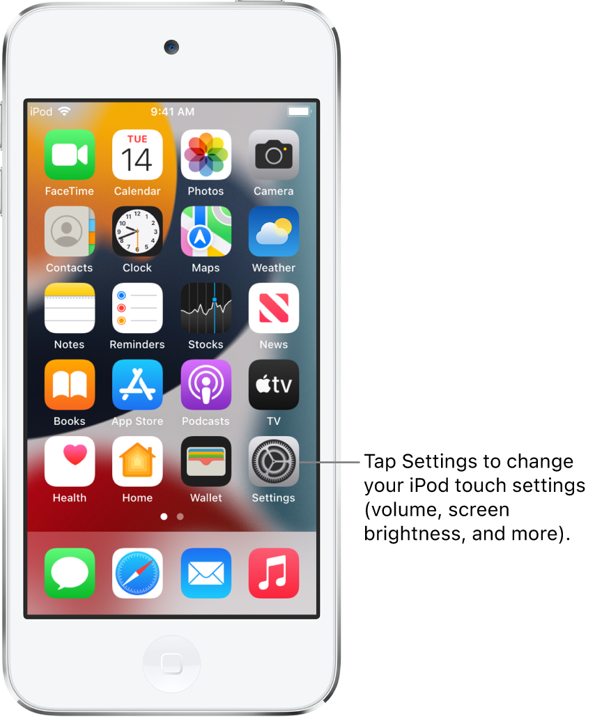 The Home Screen with several app icons, including the Settings app icon, which you can tap to change your iPod touch sound volume, screen brightness, and more.